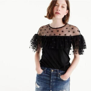 J Crew Star Mesh Yoke Ruffled Short Sleeve Black Blouse M Celestial Witchy Goth